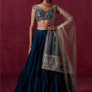 Lashkaraa Teal Green Embroidered Crepe Silk Lehenga